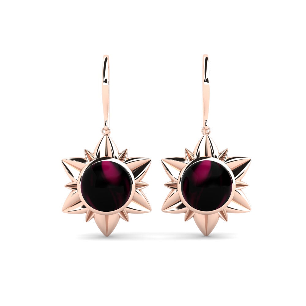 Pendientes 18k Oro Rosa Granate Rhodolite Cabujón Gotas y cuelgan