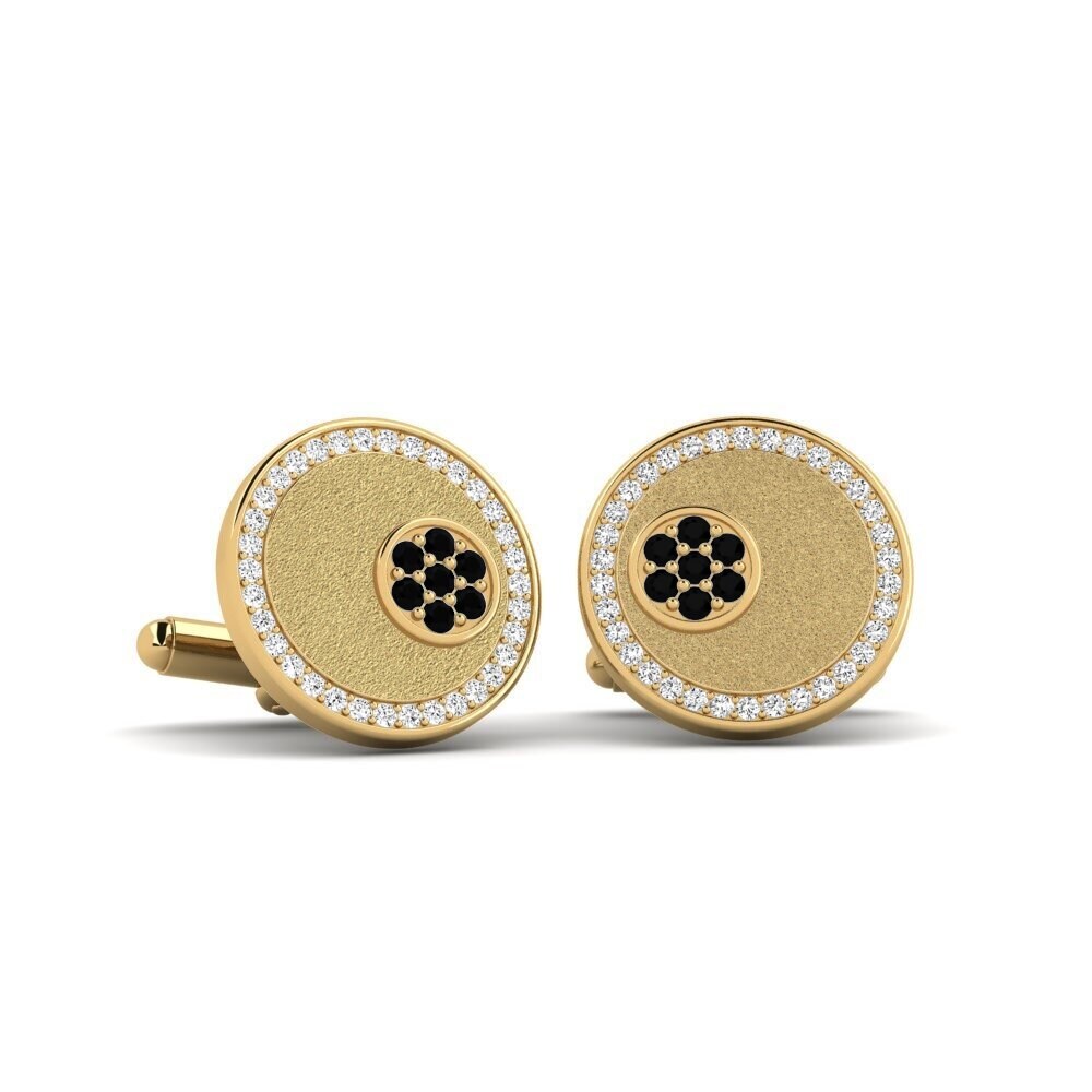 Boutons De Manchette En Or Jaune 14 Carats Avec Onyx Noir Et Diamant - Élégance Vintage