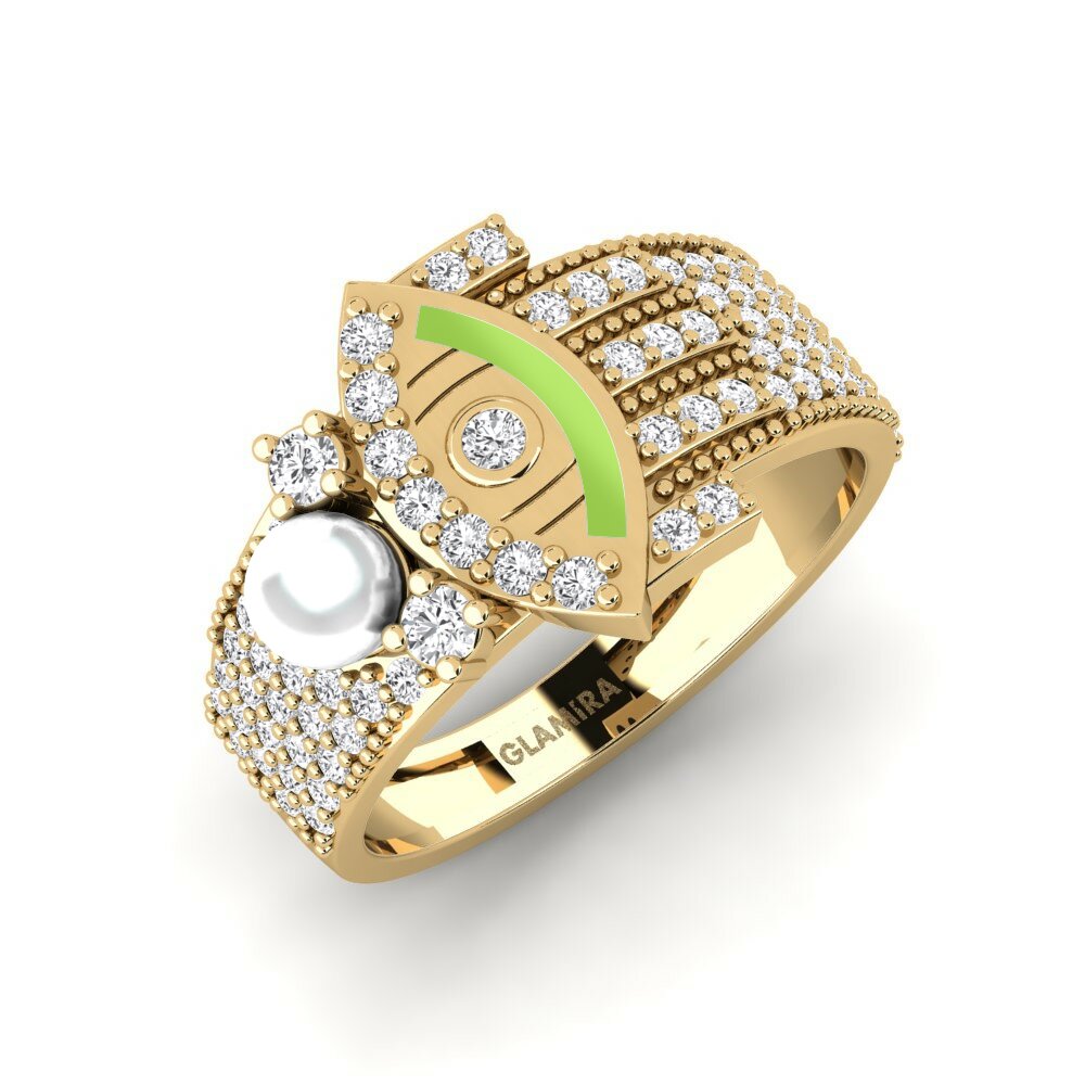 Anillo Brillo 14k Oro Amarillo Zafiro blanco Evil Eye 0.06 Quilates Redondo