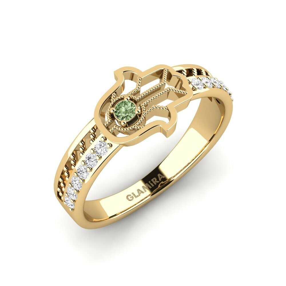 Hamsa Anillos Lingua Oro Amarillo 585 Diamante Verde