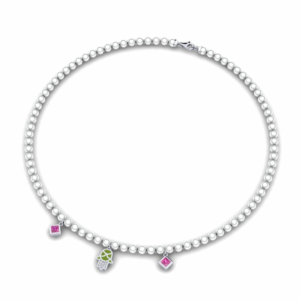 Dây chuyền Palladium trắng Đá Topaz Hồng Hamsa