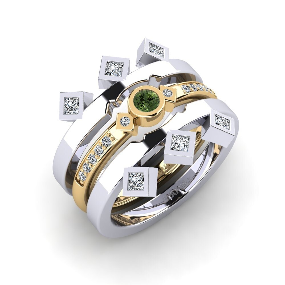 14ct White / Yellow Gold Green Sapphire Stackable Ring Orrica - Set