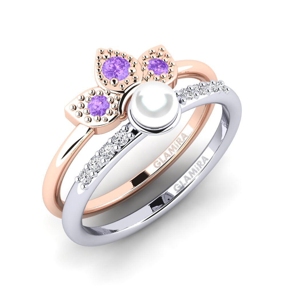 9ct Rose & White Gold Amethyst Stackable Ring Wlang - Set