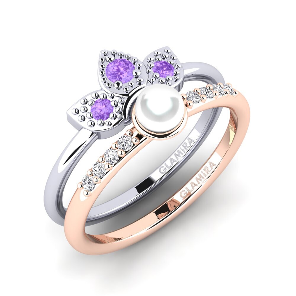 9ct White & Rose Gold Amethyst Stackable Ring Wlang - Set