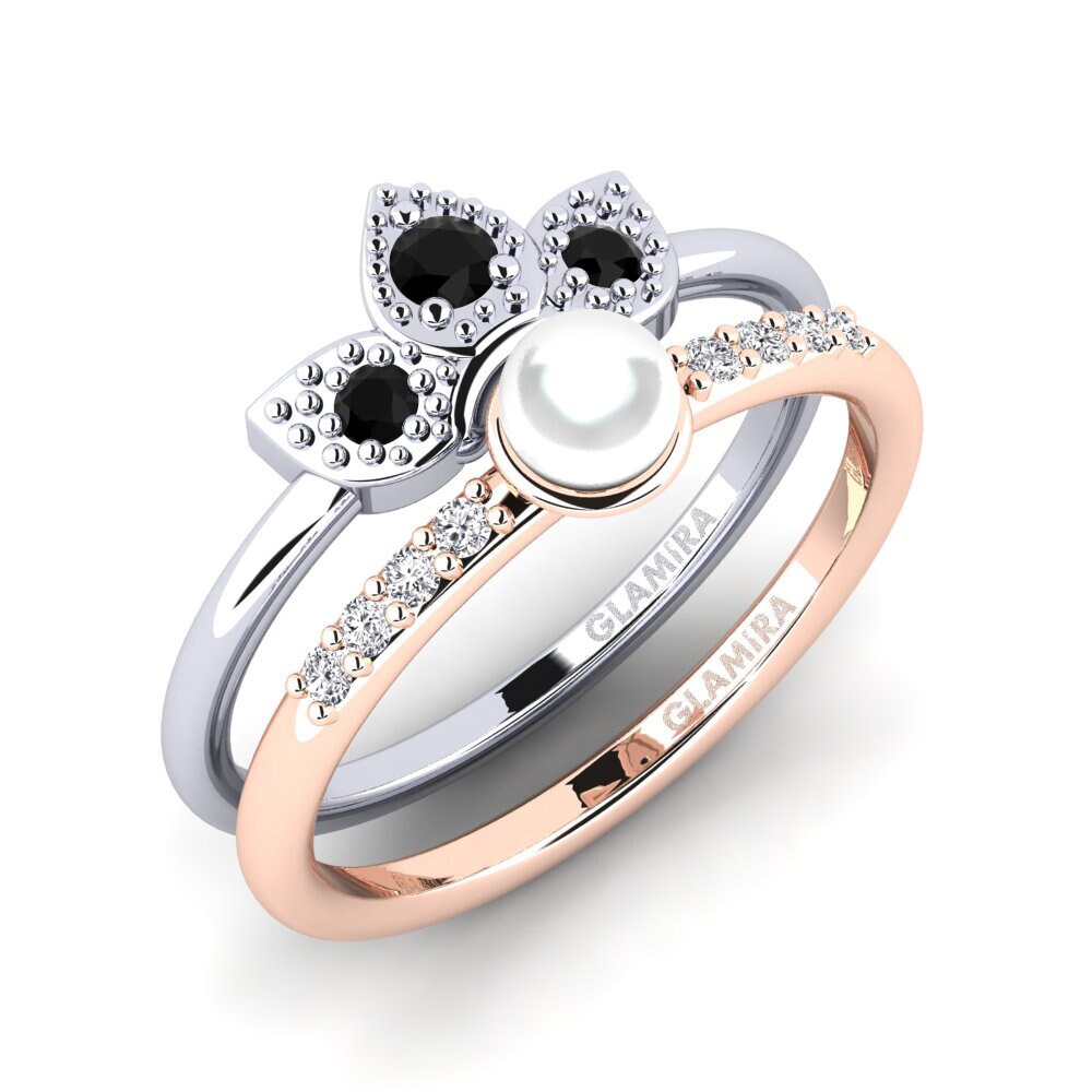 14ct White & Rose Gold Black Onyx Stackable Ring Wlang - Set