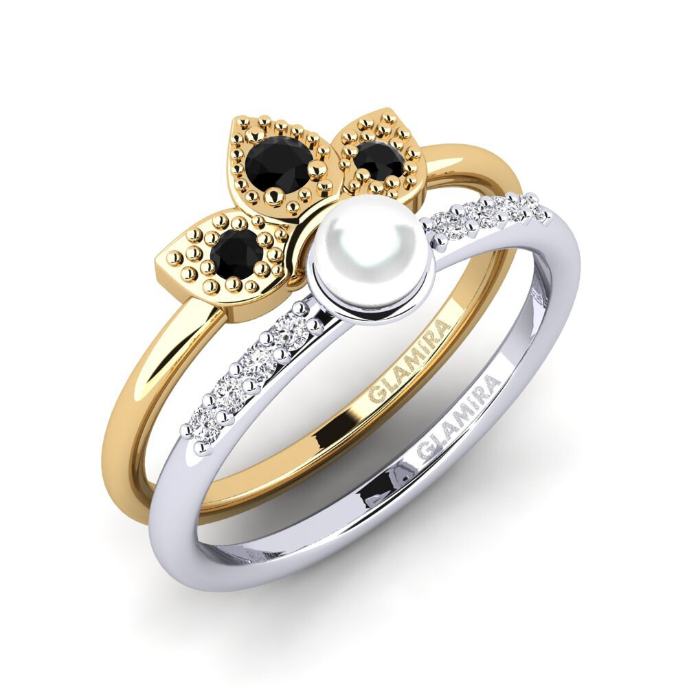 14ct Yellow & White Gold Black Onyx Stackable Ring Wlang - Set