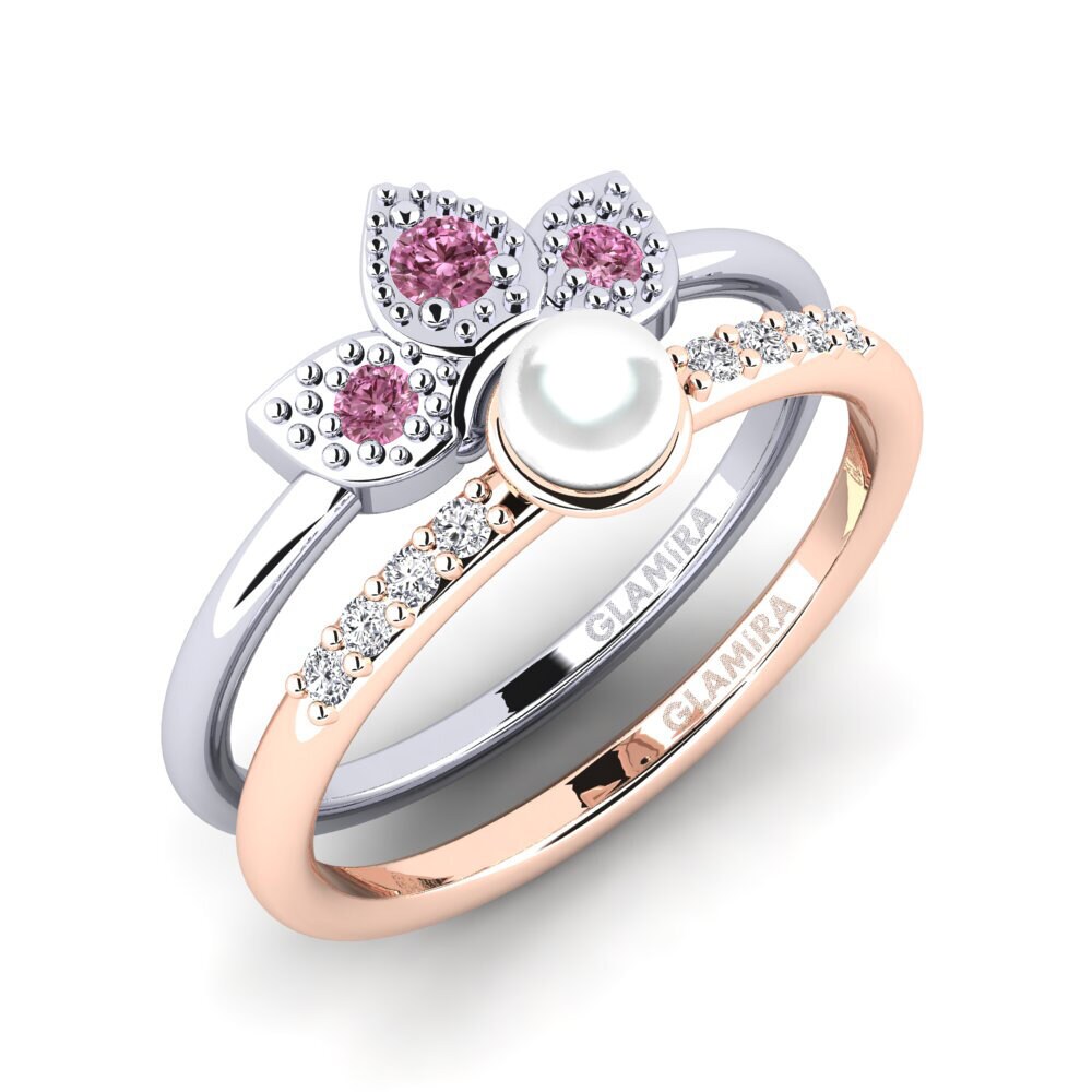 18ct White & Rose Gold Rhodolite Garnet Stackable Ring Wlang - Set