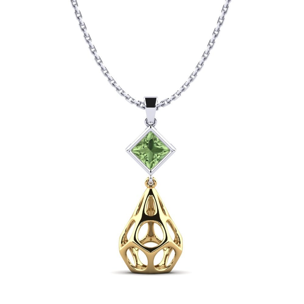 14k Oro Blanco & Amarillo Zafiro Verde Colgante de Mujer Tnaludno