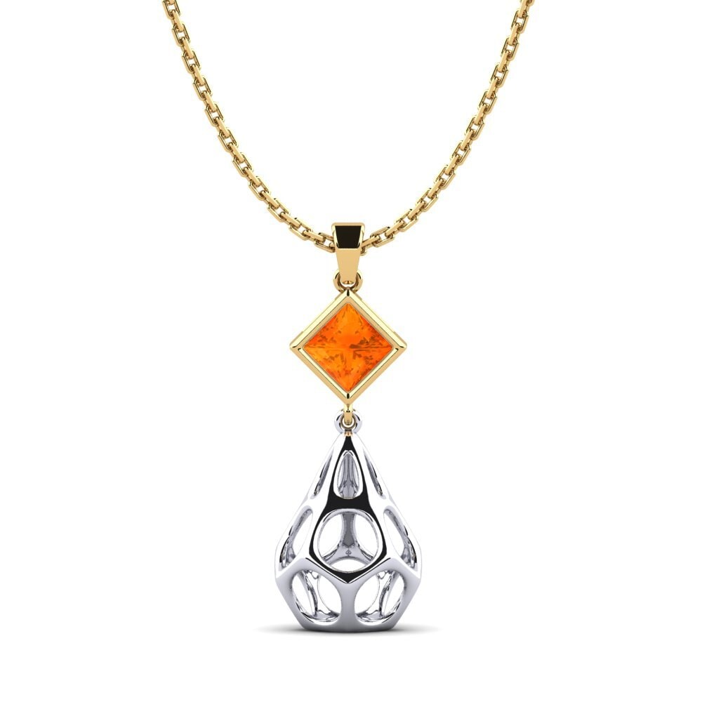 14k Oro Amarillo & Blanco Zafiro Naranja Colgante de Mujer Tnaludno
