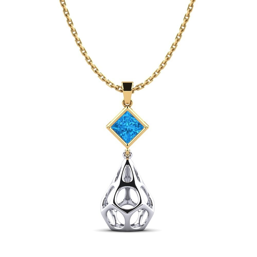 14k Oro Amarillo & Blanco Topacio azul Colgante de Mujer Tnaludno