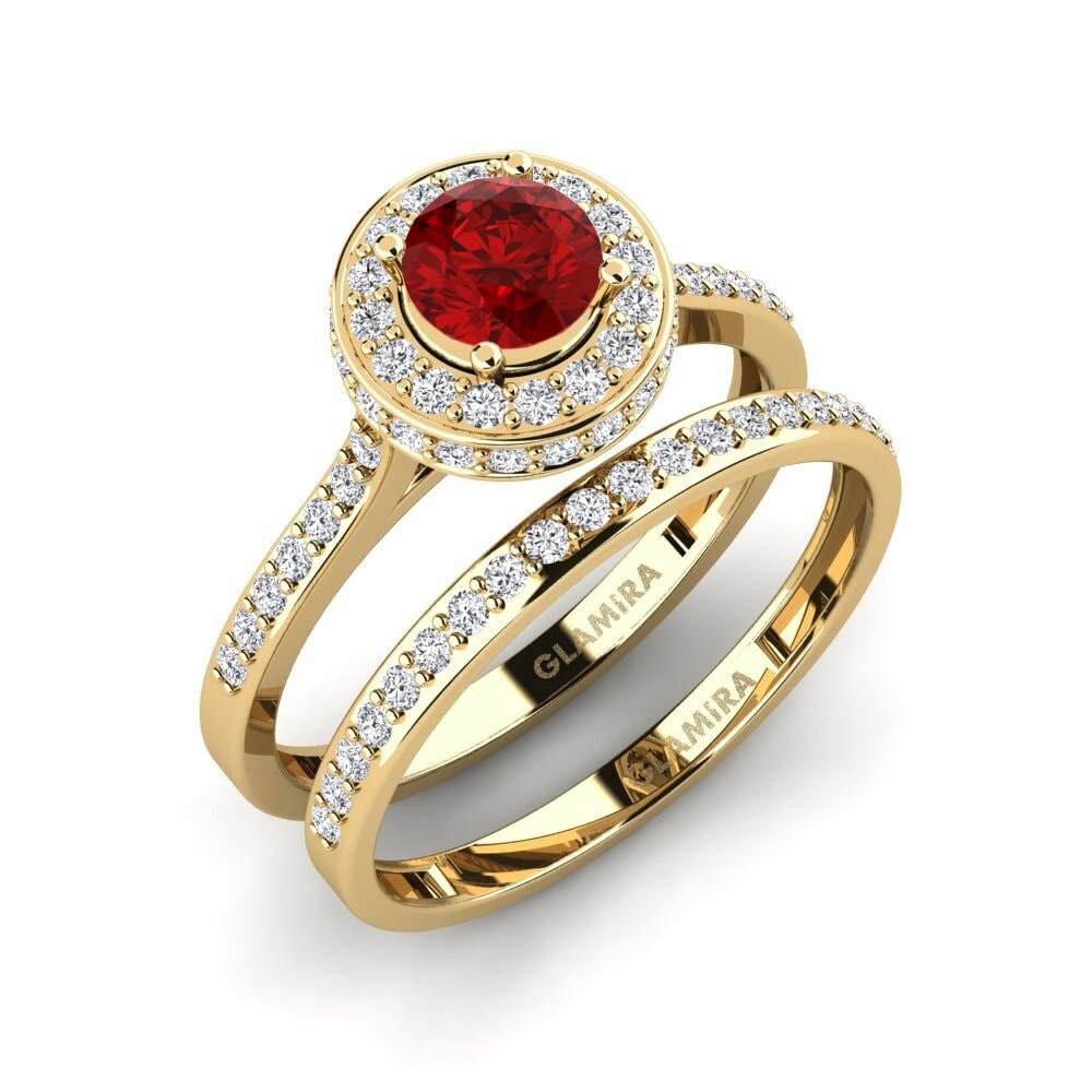 Or Jaune 14k Rubis (créé en laboratoire) Ensemble de Bagues Fendr
