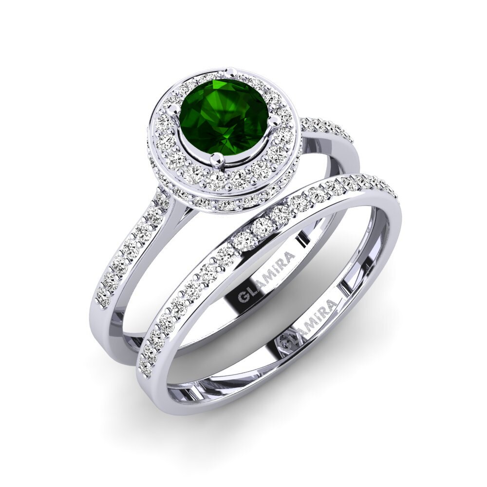 18k Oro Blanco Turmalina verde Set de Anillos Fendr