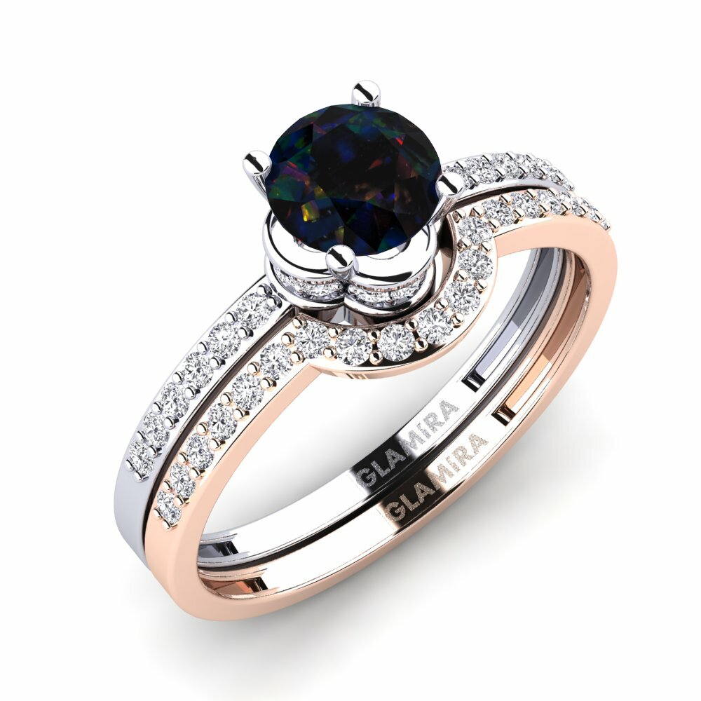 Or Blanc & Rose14k Opale Noire Ensemble de Bagues Htingi