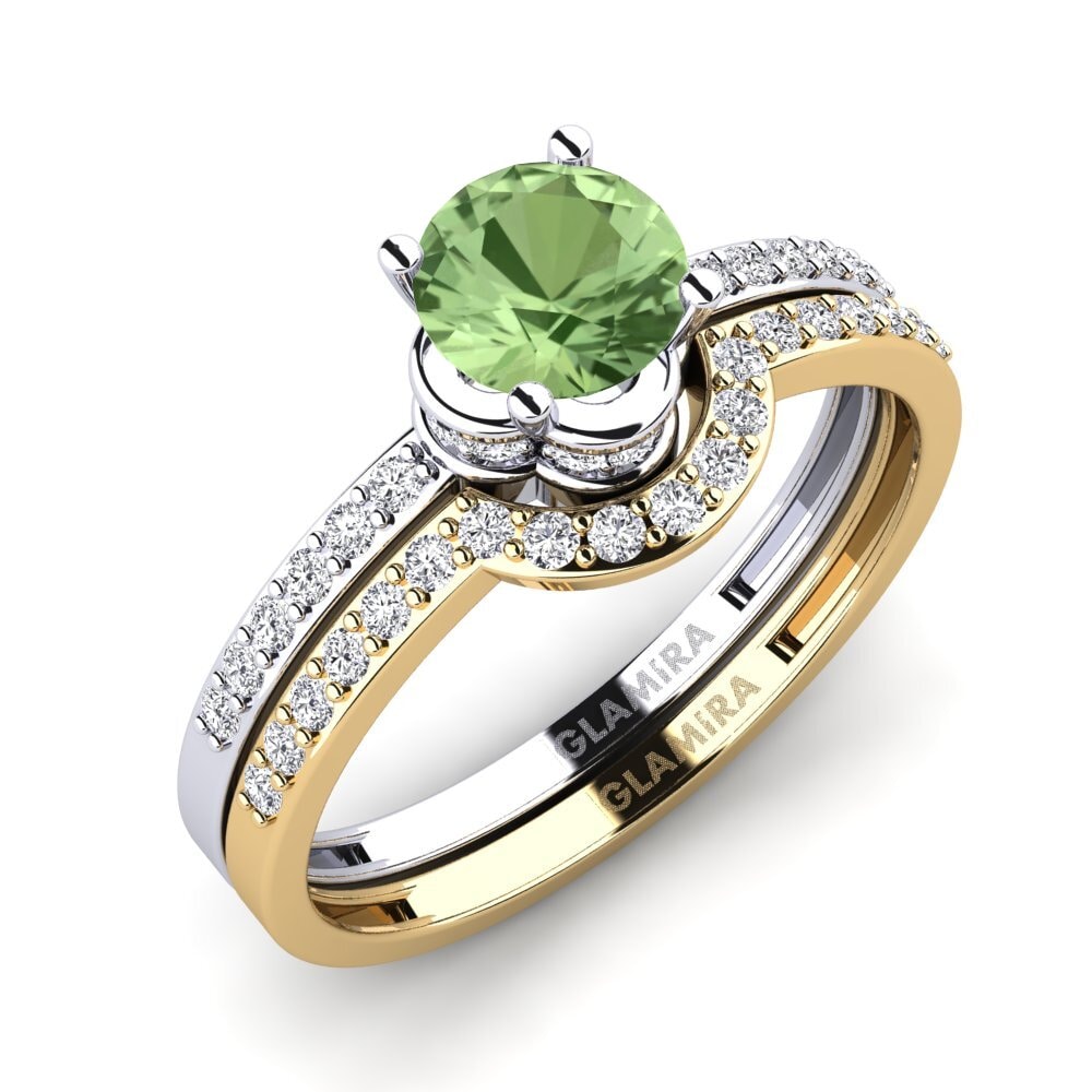 Vàng Trắng-Vàng 14K Đá Sapphire Xanh Bộ Nhẫn Cưới Htingi
