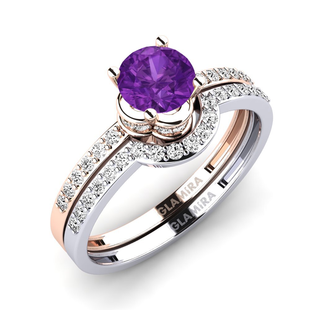 14k Oro Rosa & Blanco Amatista Set de Anillos Htingi