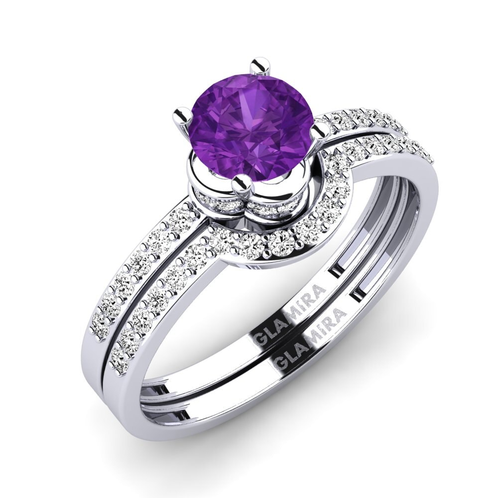 9k Oro Blanco Amatista Set de Anillos Htingi