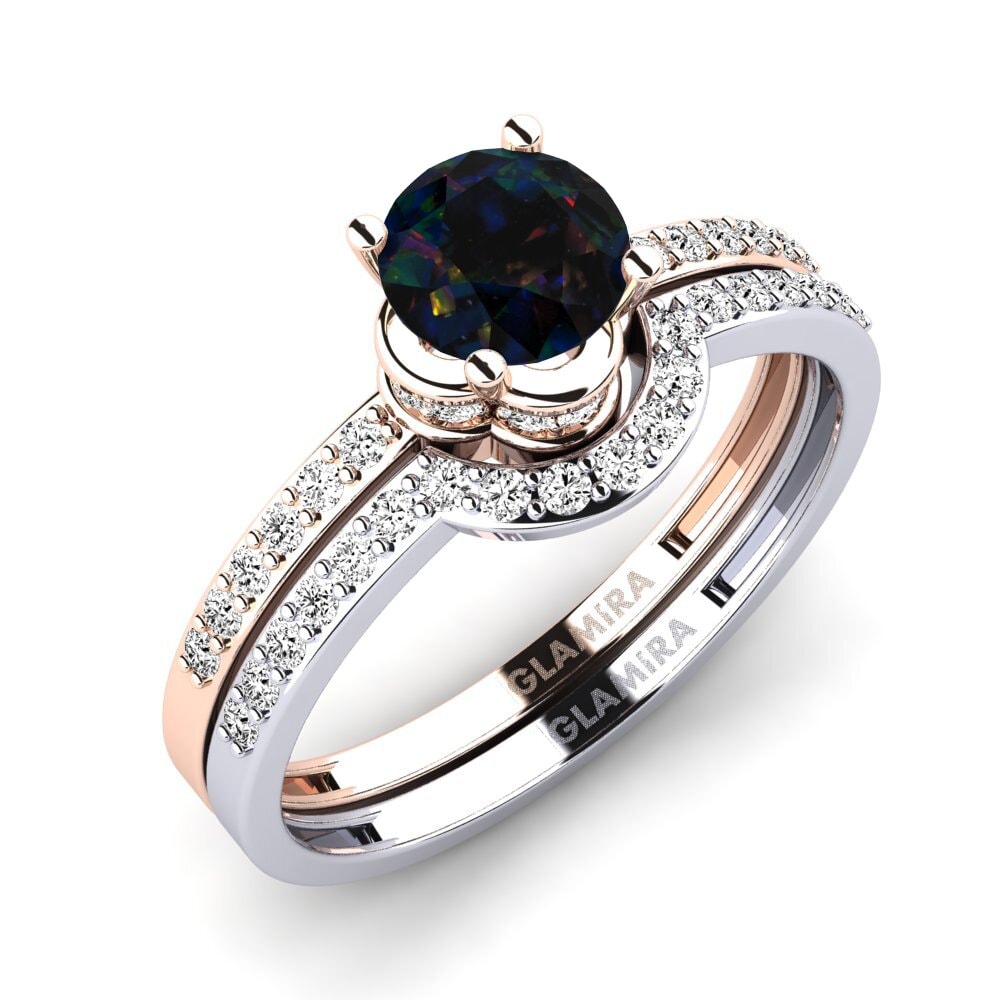 14k 紅白K金 黑色蛋白石 婚礼套装 Htingi