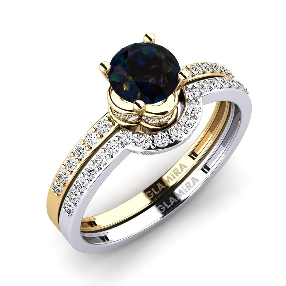 14ct Yellow & White Gold Black Opal Bridal Set Htingi
