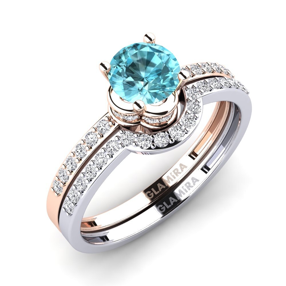 18ct Rose & White Gold Blue Zircon Bridal Set Htingi