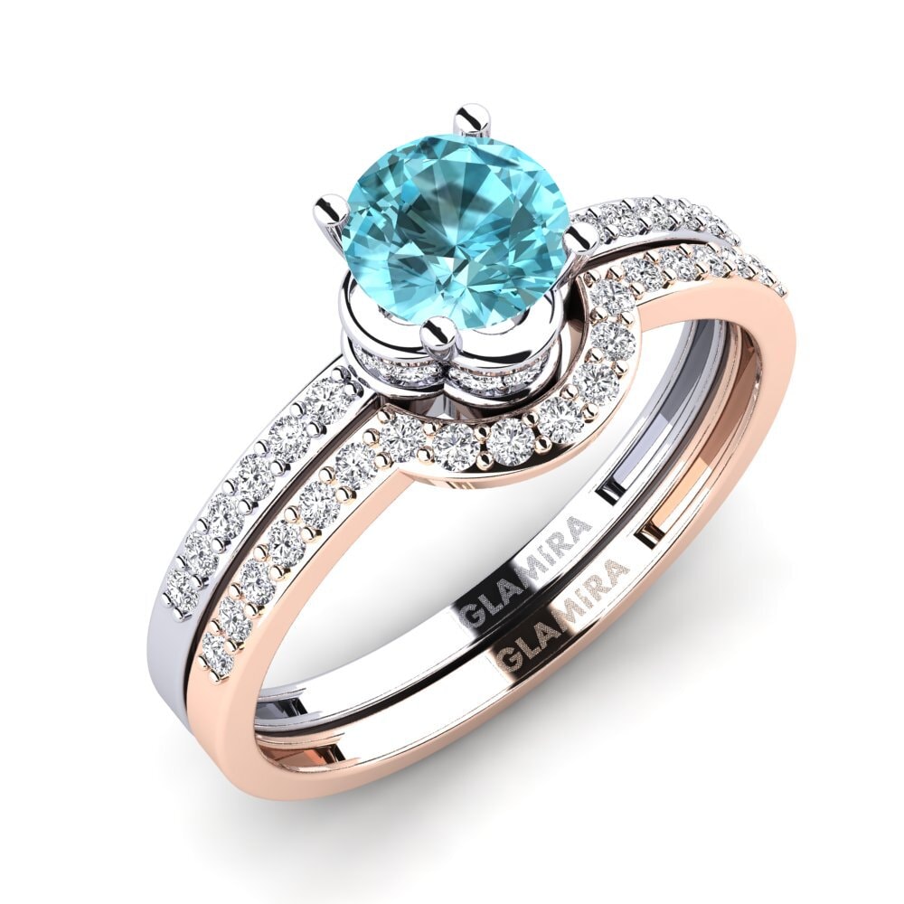 14ct White & Rose Gold Blue Zircon Bridal Set Htingi
