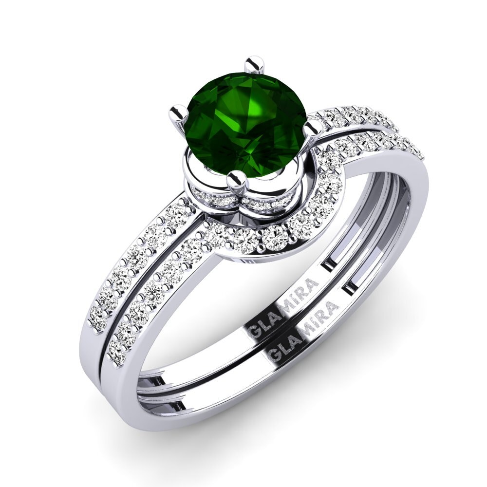 18k Oro Blanco Turmalina verde Set de Anillos Htingi
