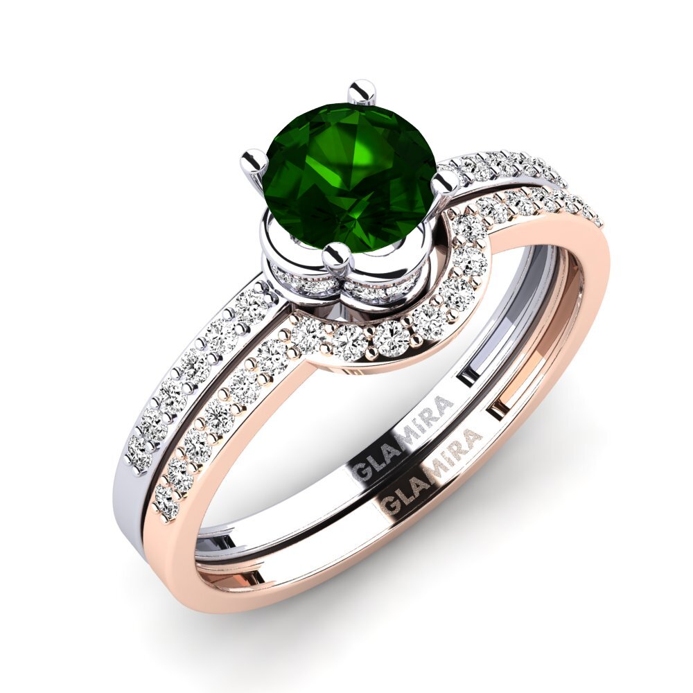 14k Oro Blanco & Rosa Turmalina verde Set de Anillos Htingi