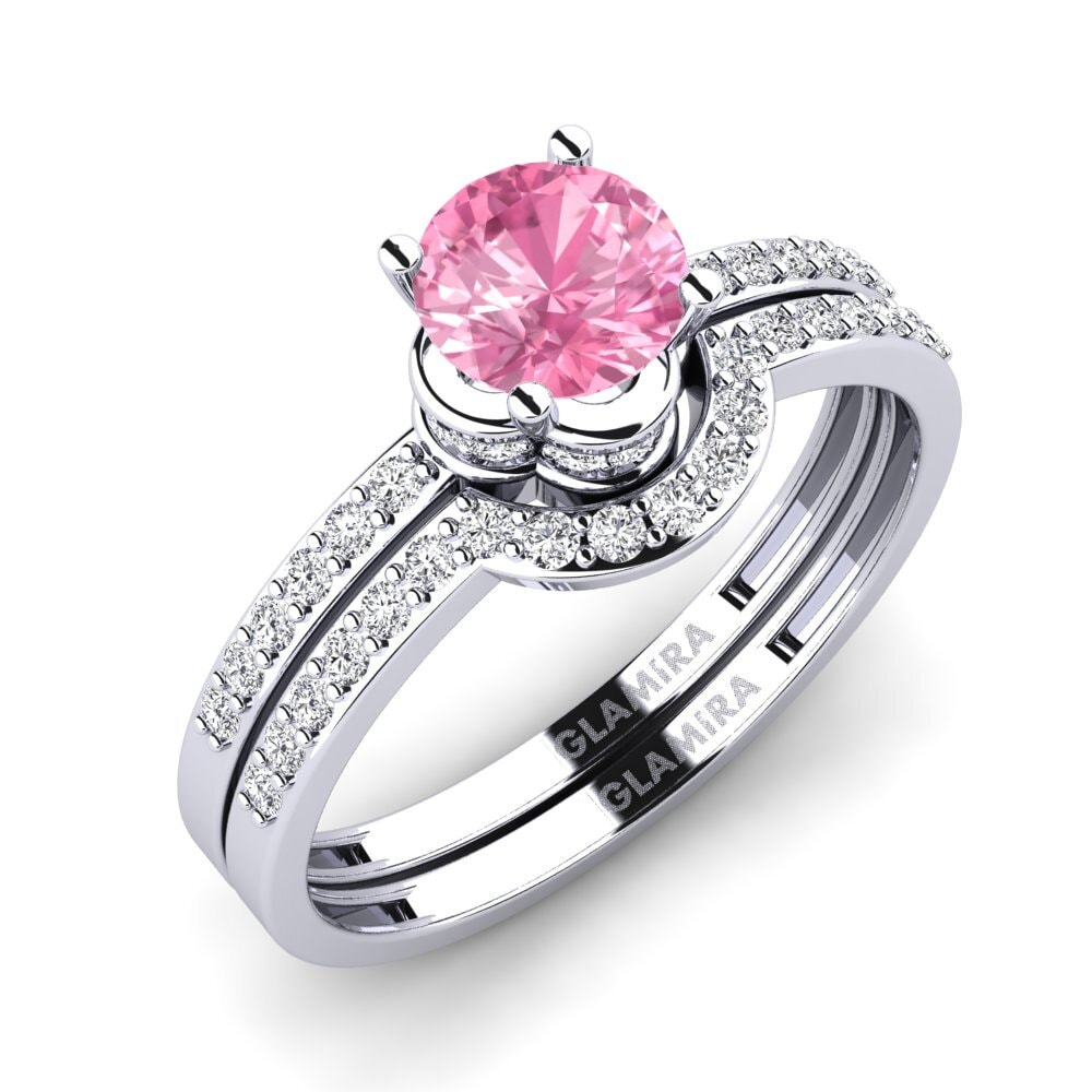 White Silver Pink Sapphire Bridal Set Htingi