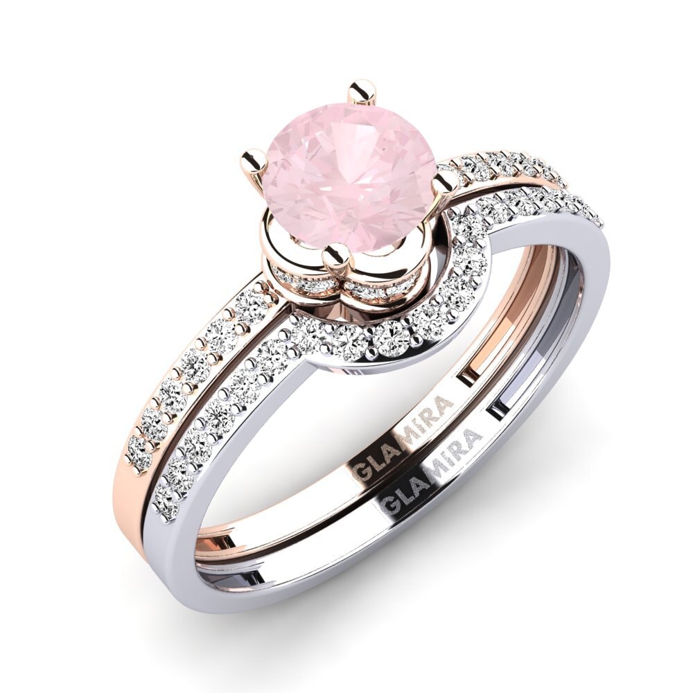 14k Oro Rosa & Blanco Cuarzo rosa Set de Anillos Htingi