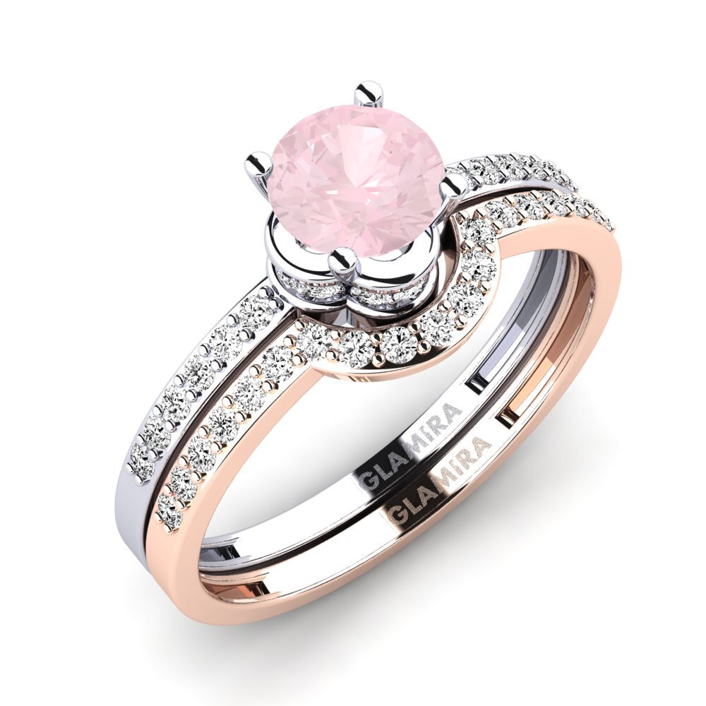 14k Oro Blanco & Rosa Cuarzo rosa Set de Anillos Htingi