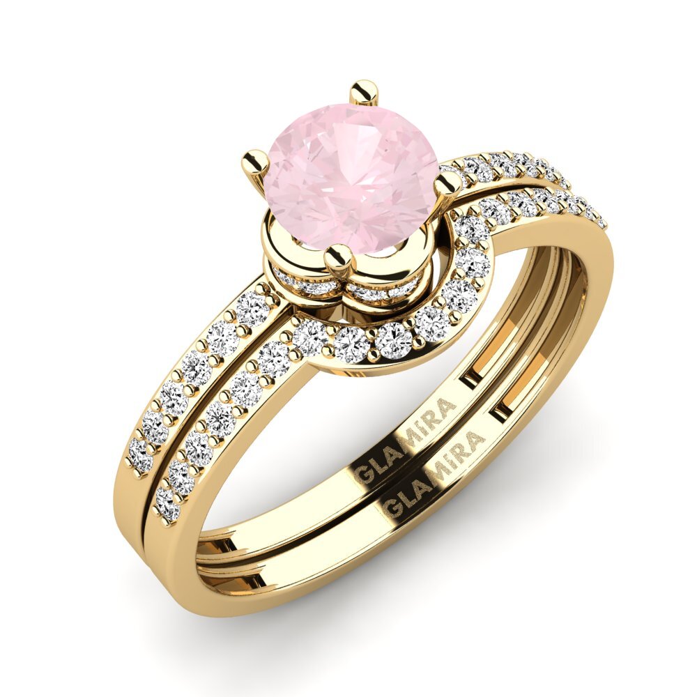 14k Oro Amarillo Cuarzo rosa Set de Anillos Htingi