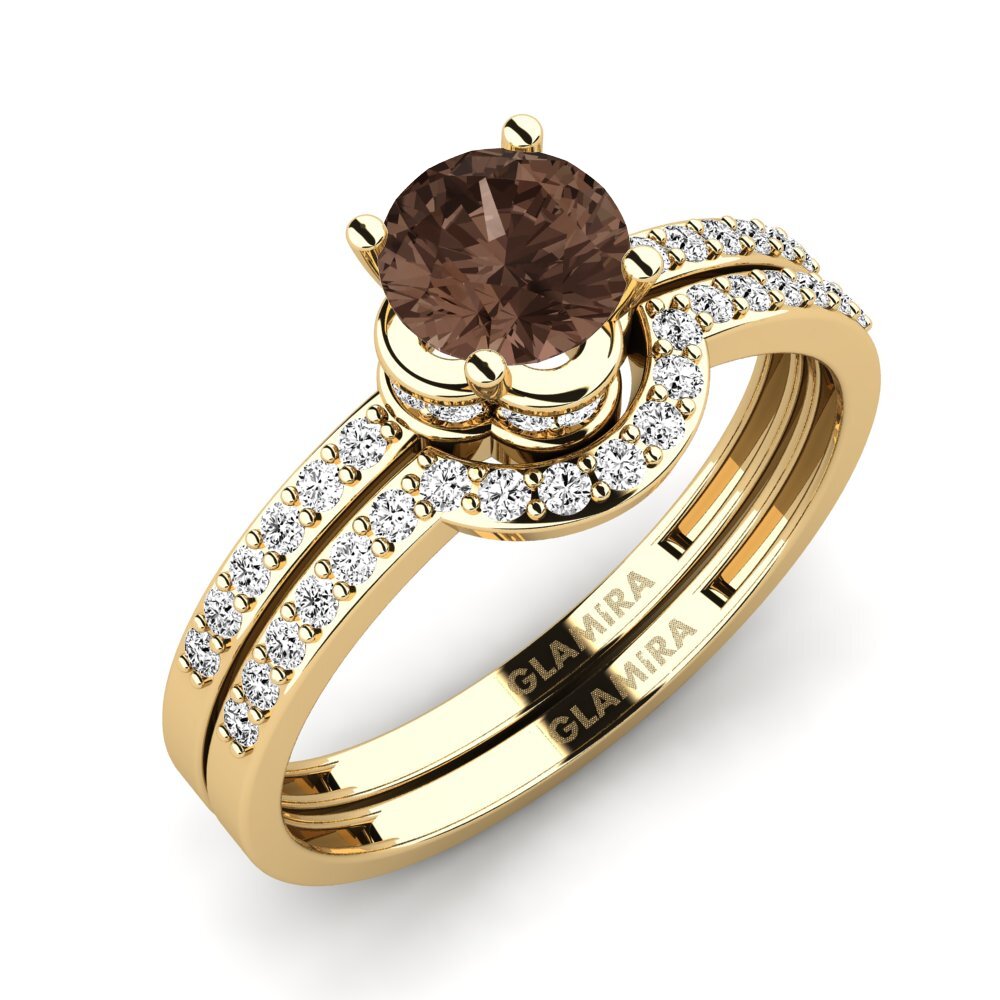 14k Oro Amarillo Cuarzo humo Set de Anillos Htingi