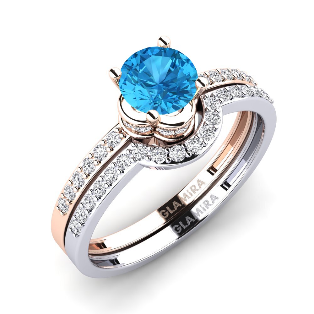 18ct Rose & White Gold Blue Topaz Bridal Set Htingi