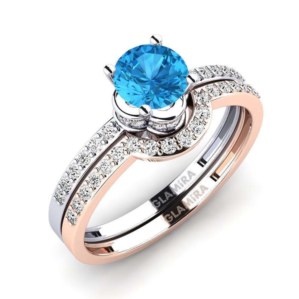 14k Oro Blanco & Rosa Topacio azul Set de Anillos Htingi