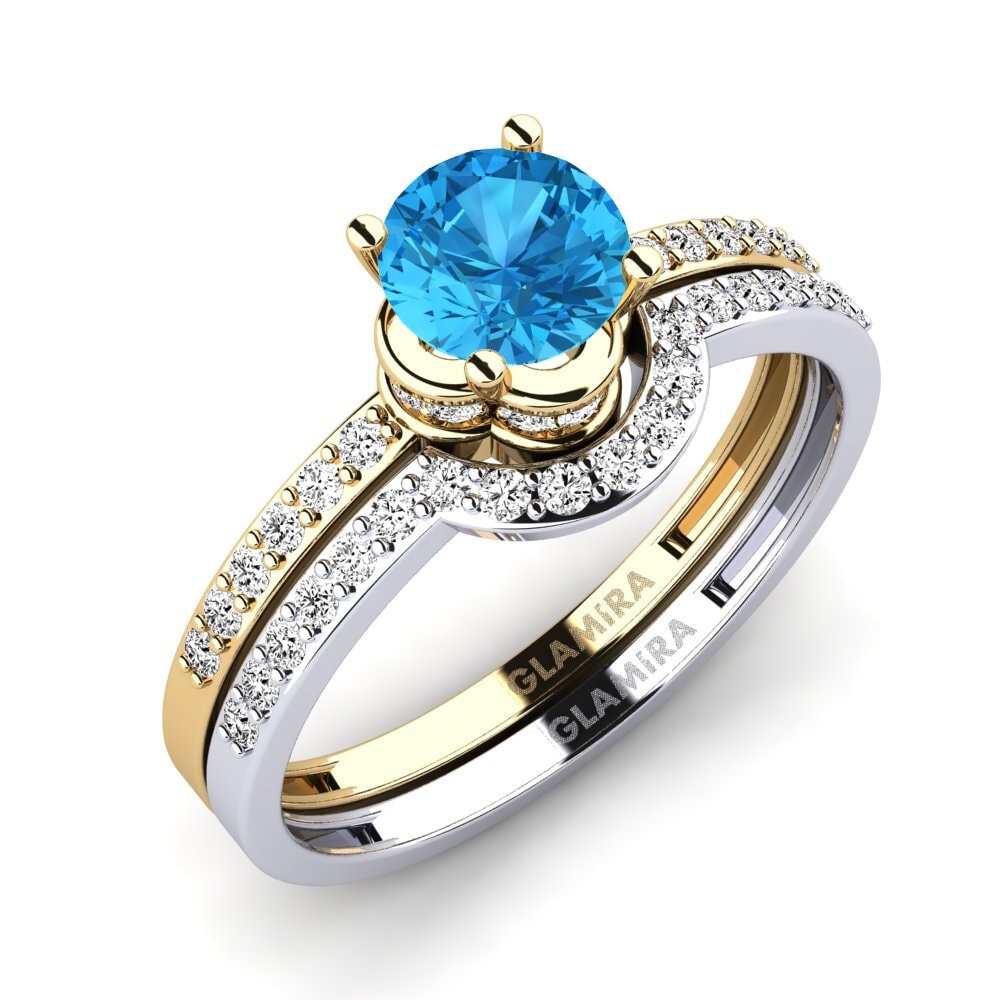14ct Yellow & White Gold Blue Topaz Bridal Set Htingi