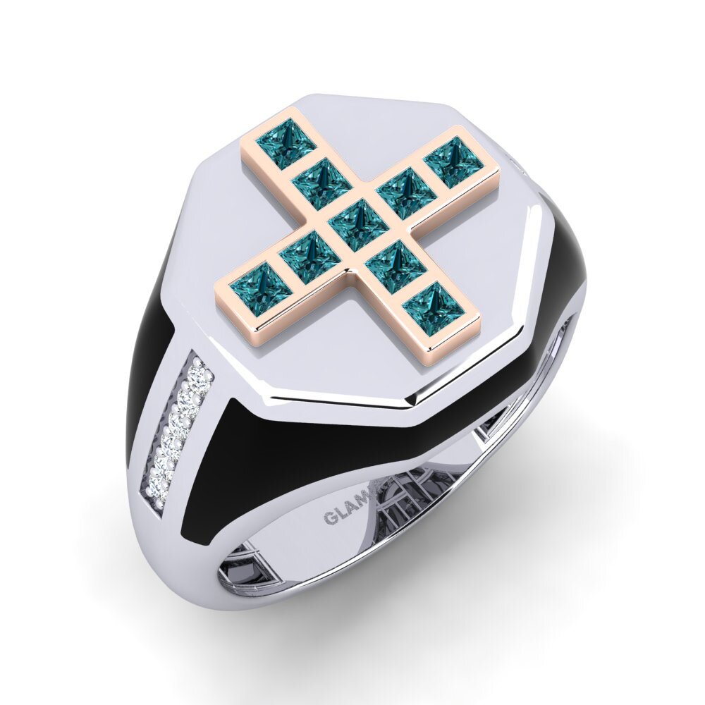 14ct White & Rose Gold Blue Diamond Men's Ring Bifia