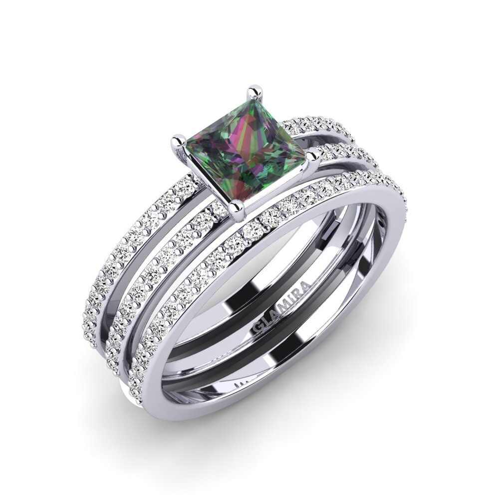 18k Oro Blanco Topacio Místico Anillo Hiddod SET
