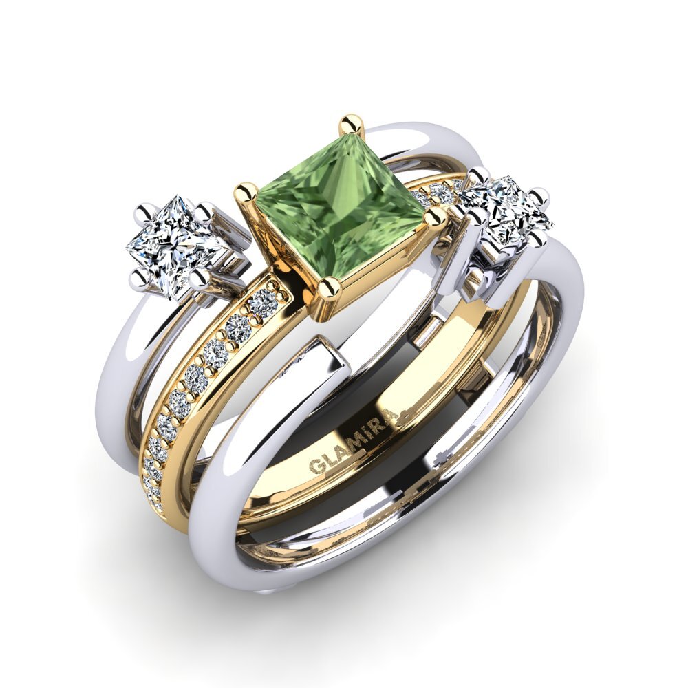 14ct White / Yellow Gold Green Sapphire Ring Isell SET