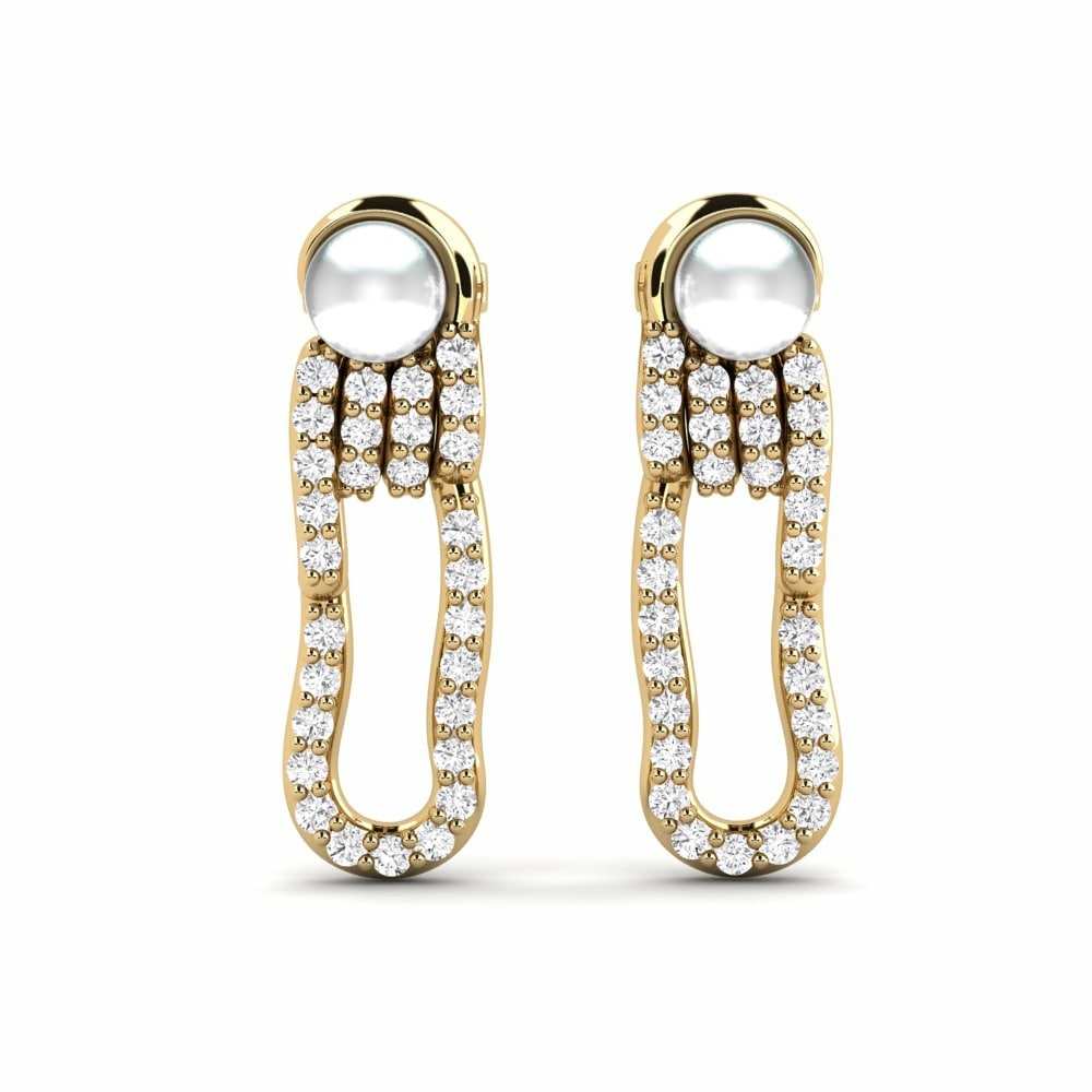 Round 0.464 Carat Cultured Pearls White Sapphire 14K Yellow Gold Earring Ravel