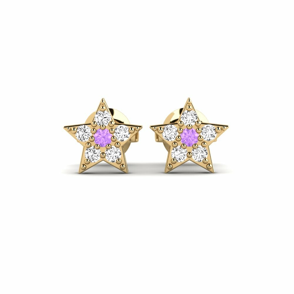 Round 0.036 Carat Symbols Amethyst 14k Yellow Gold Kid's Earring Jishin Daughter