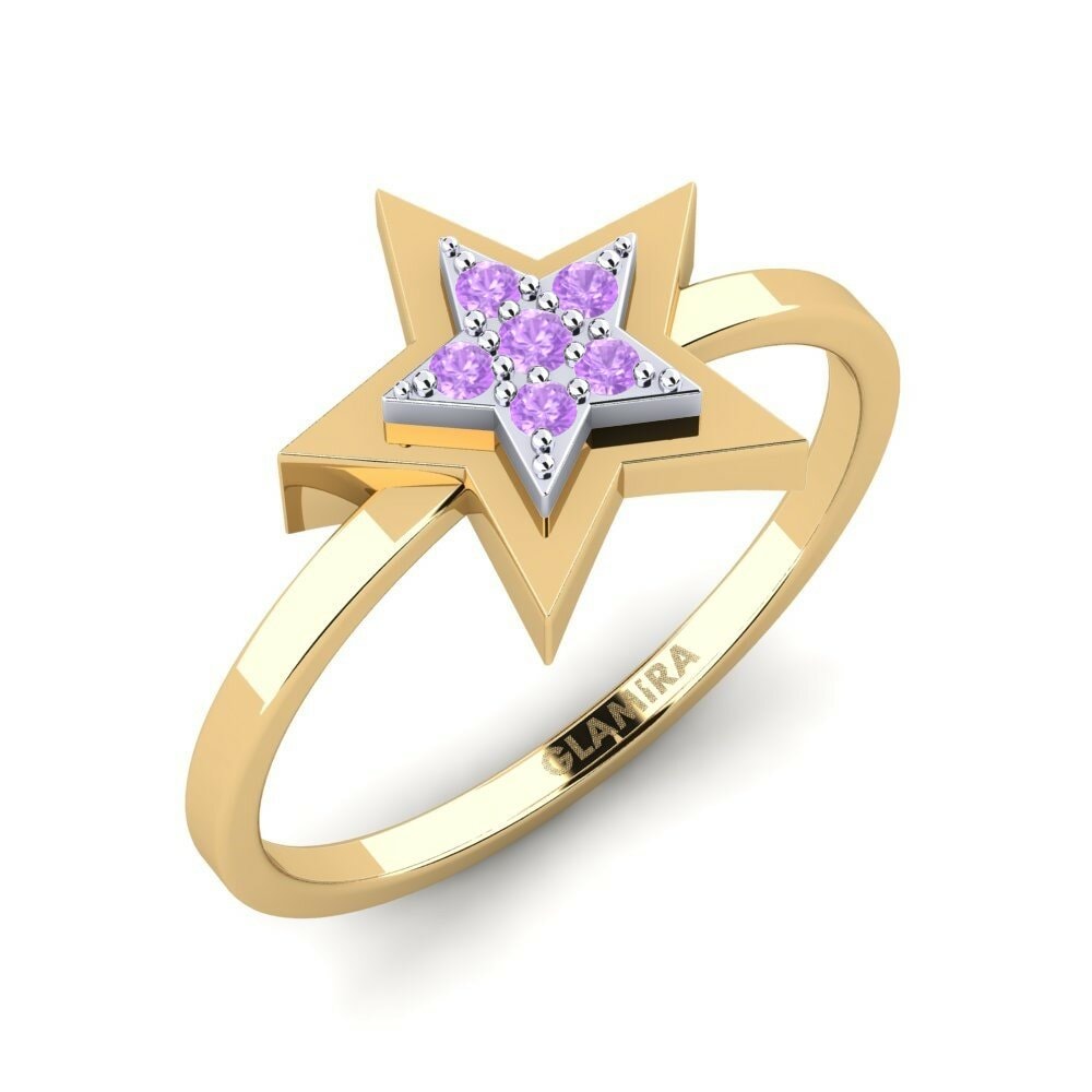14k Oro Amarillo & Blanco Redondo Amatista Anillo Ylber Mother
