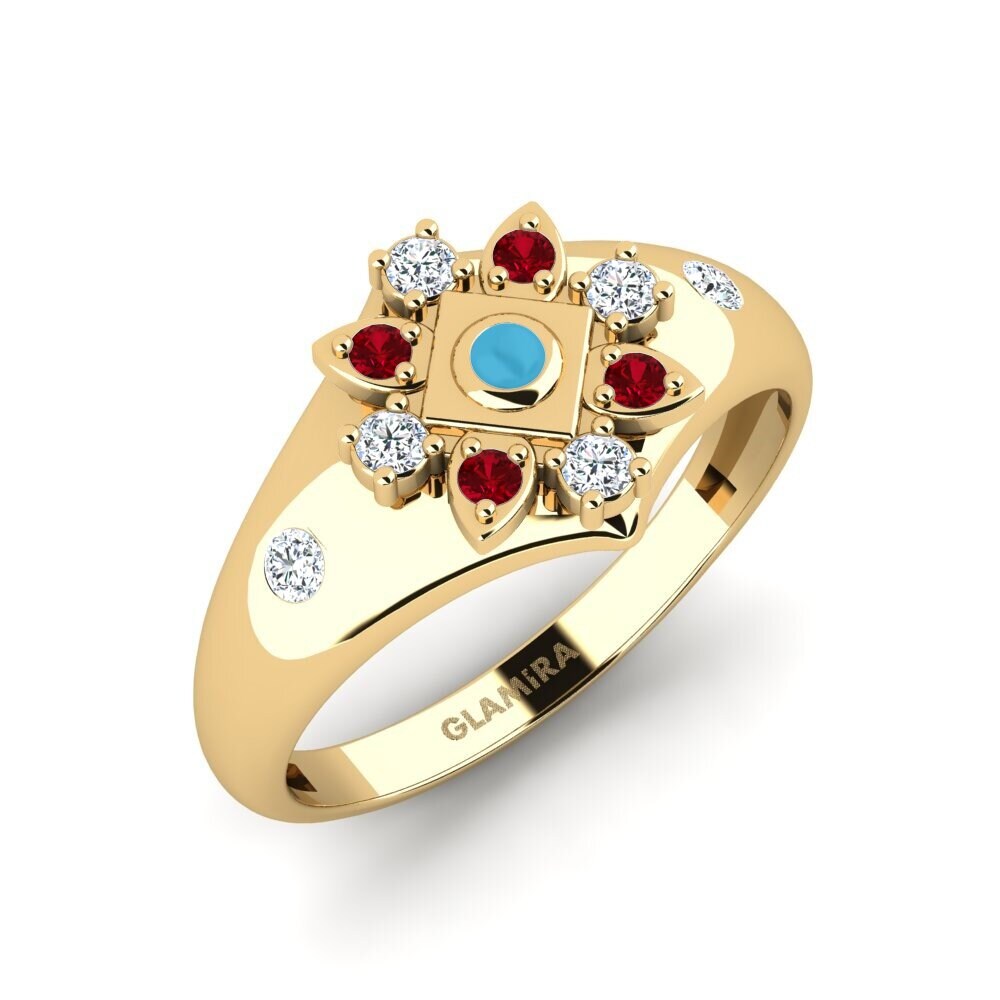 Bague En Or Jaune 14 Carats (585) Avec 7 Tourmalines Rouges - Taille 59 (18.8 Mm) - Occasion
