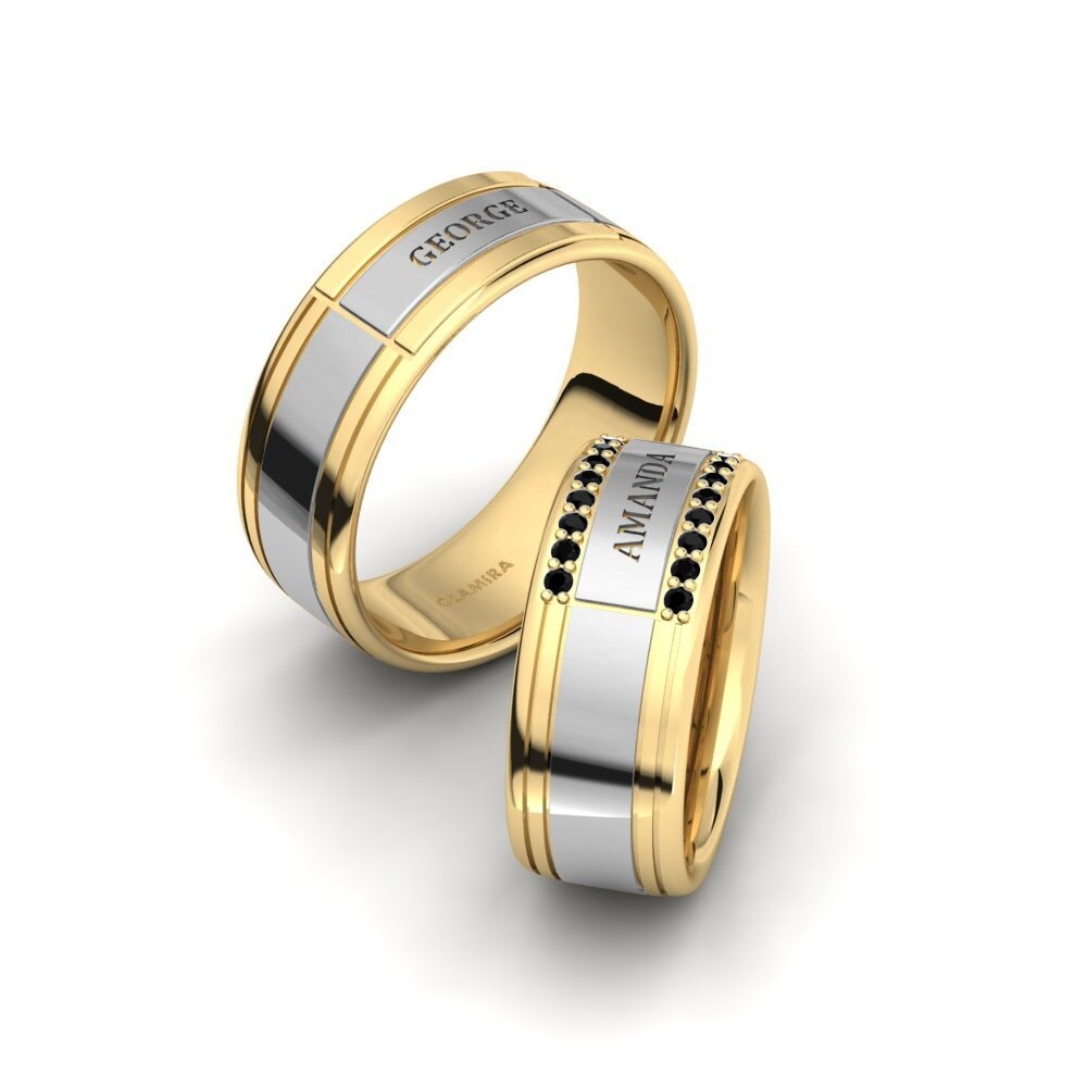 14k Yellow & White Gold Black Sapphire Wedding Ring Glamorous Moment 8 mm