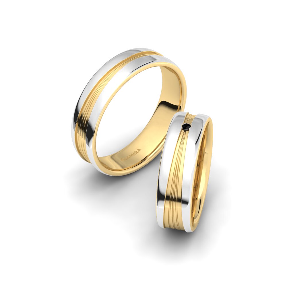 14k White & Yellow Gold Black Diamond Wedding Ring Glamorous Flame 6 mm