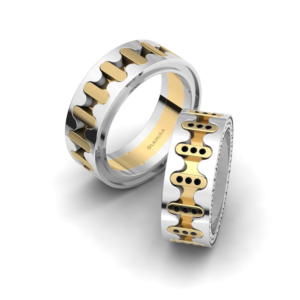 14k White & Yellow Gold Black Diamond Wedding Ring Captivating River 8 mm