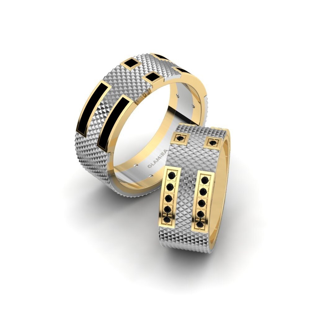 14k White & Yellow Gold Black Diamond Wedding Ring Glamorous Passage 8 mm