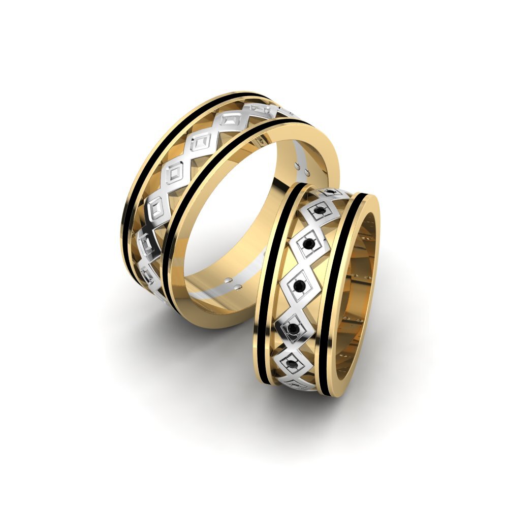 14k Yellow & White Gold Black Sapphire Wedding Ring Glamorous Spring 8 mm