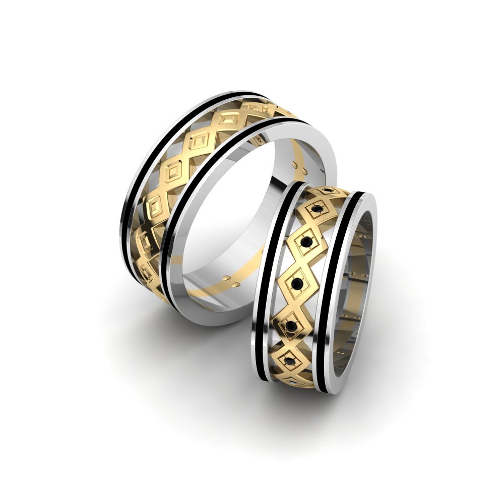 14k White & Yellow Gold Black Diamond Wedding Ring Glamorous Spring 8 mm