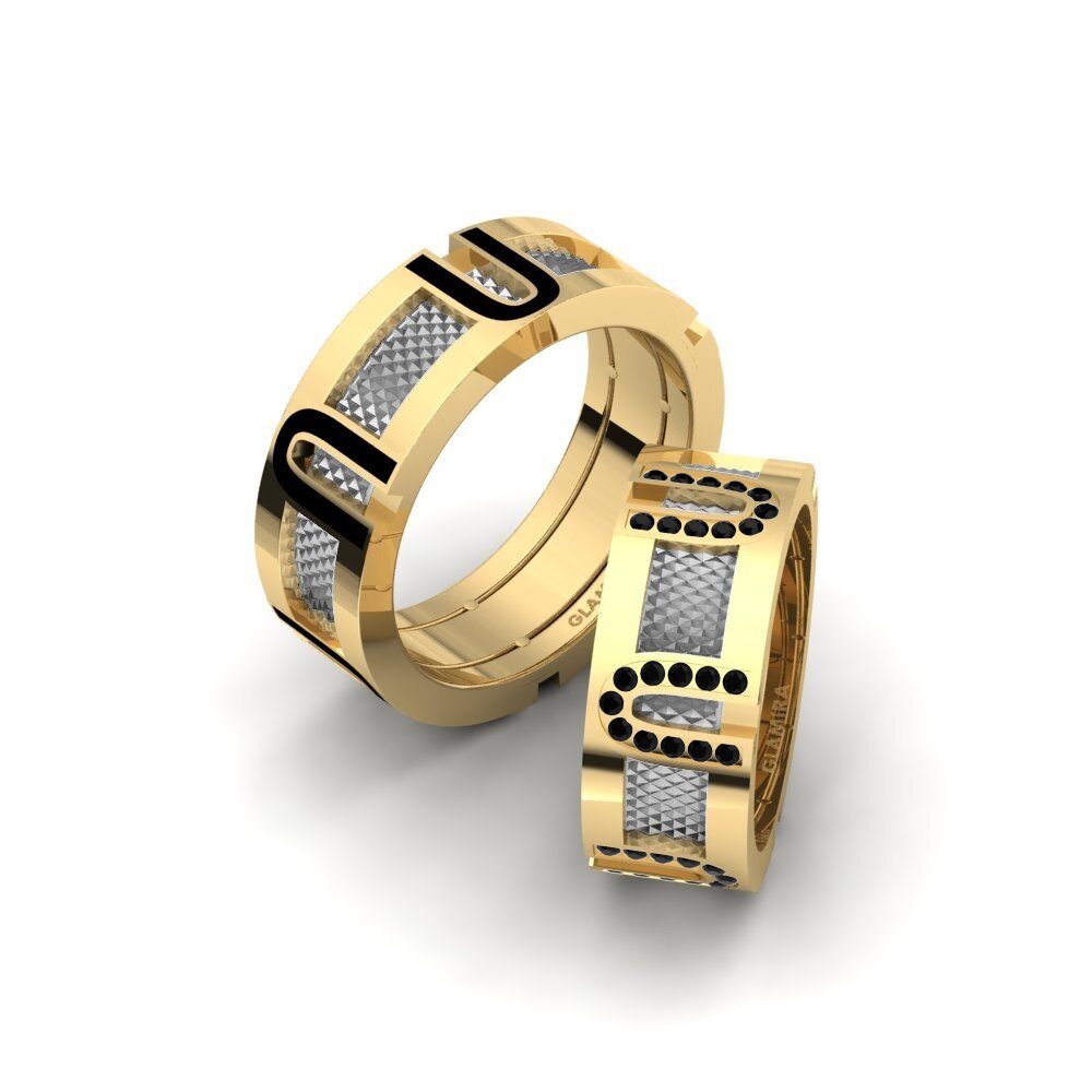 14k Yellow & White Gold Black Sapphire Wedding Ring Spectacular Dawn 8 mm