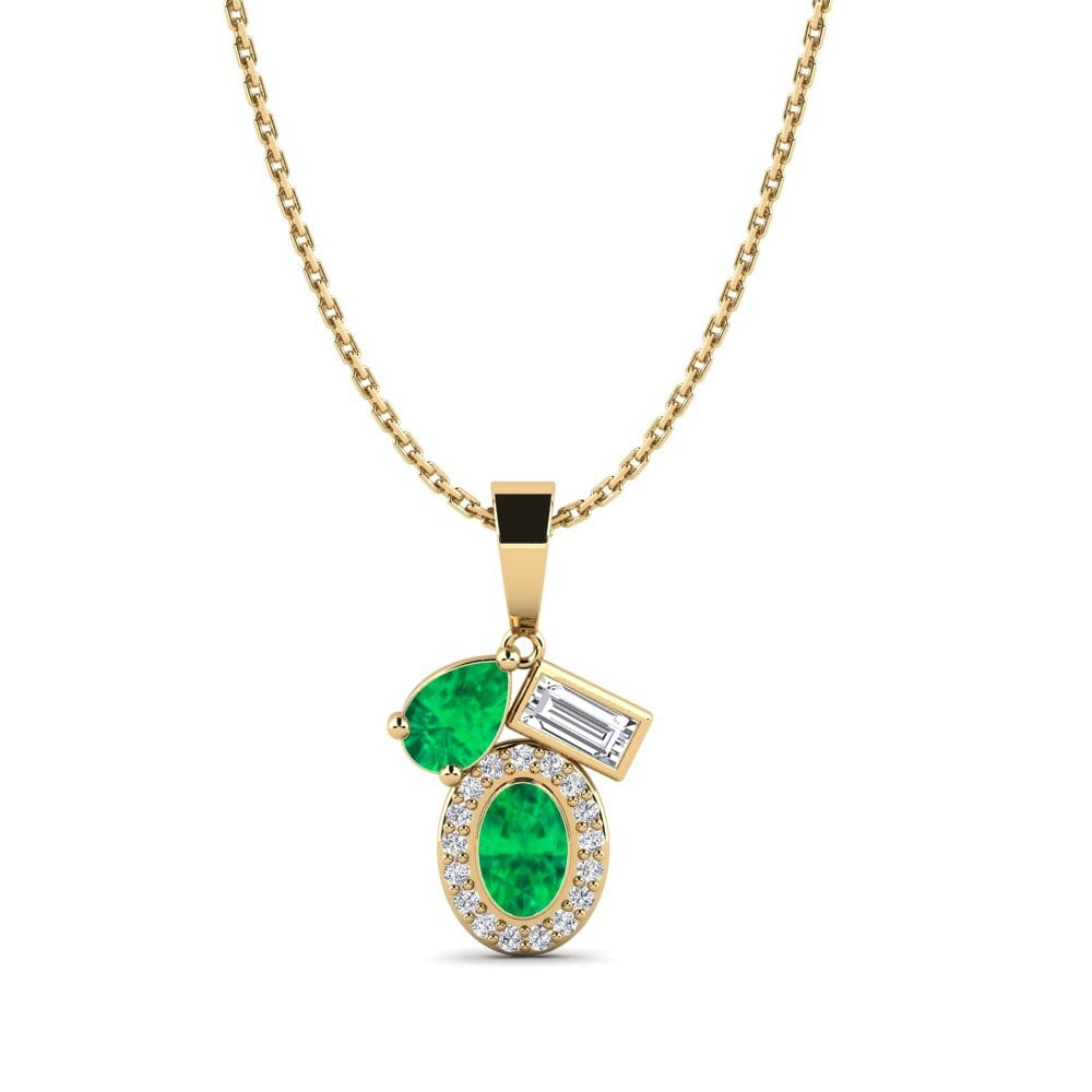 18K Yellow Gold Pear Emerald & Diamond Pendant – Lab-Created Emerald Teardrop Pendant With Natural Diamonds