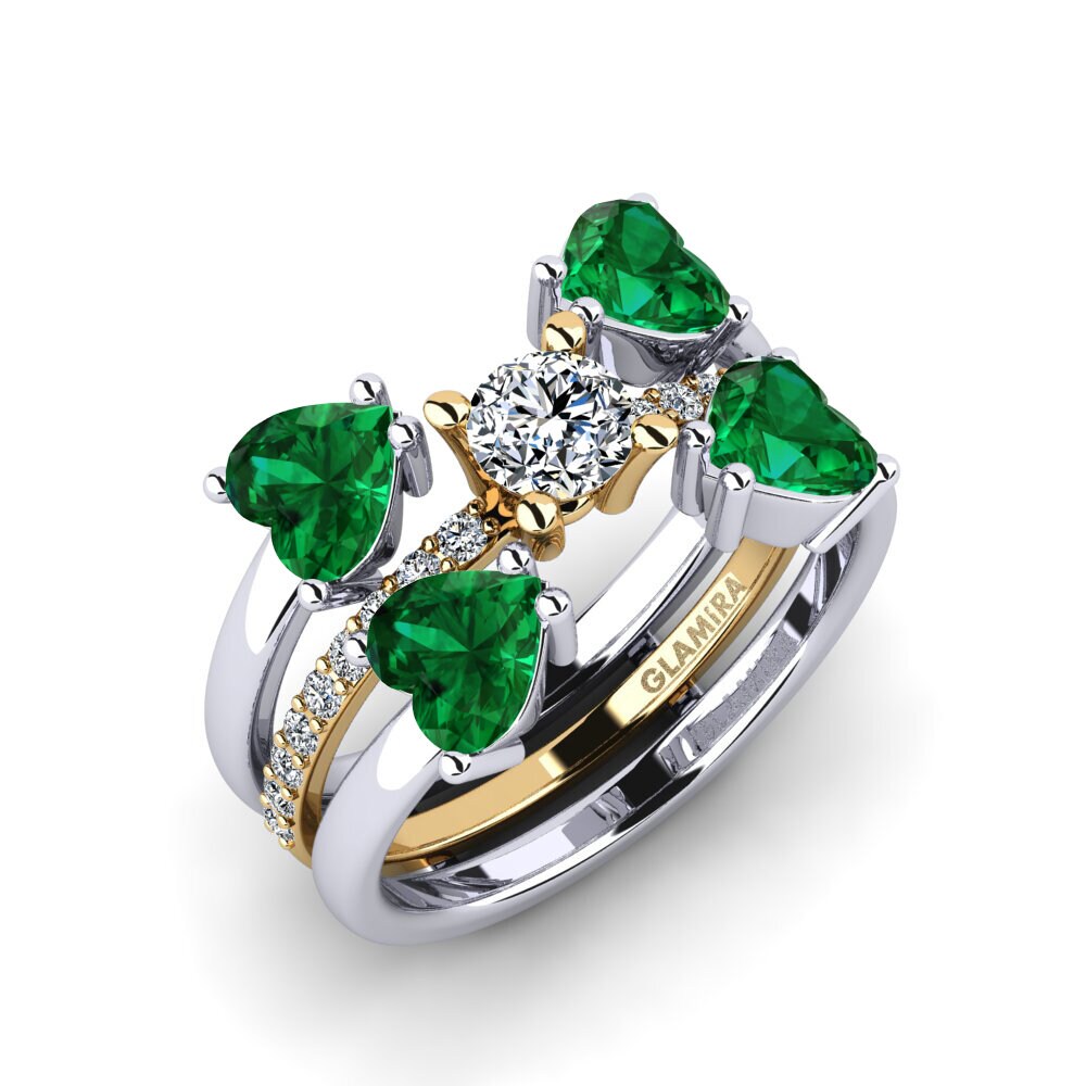 Or Blanc & Jaune 18k Émeraude (créée en laboratoire) Bague Biceng - SET